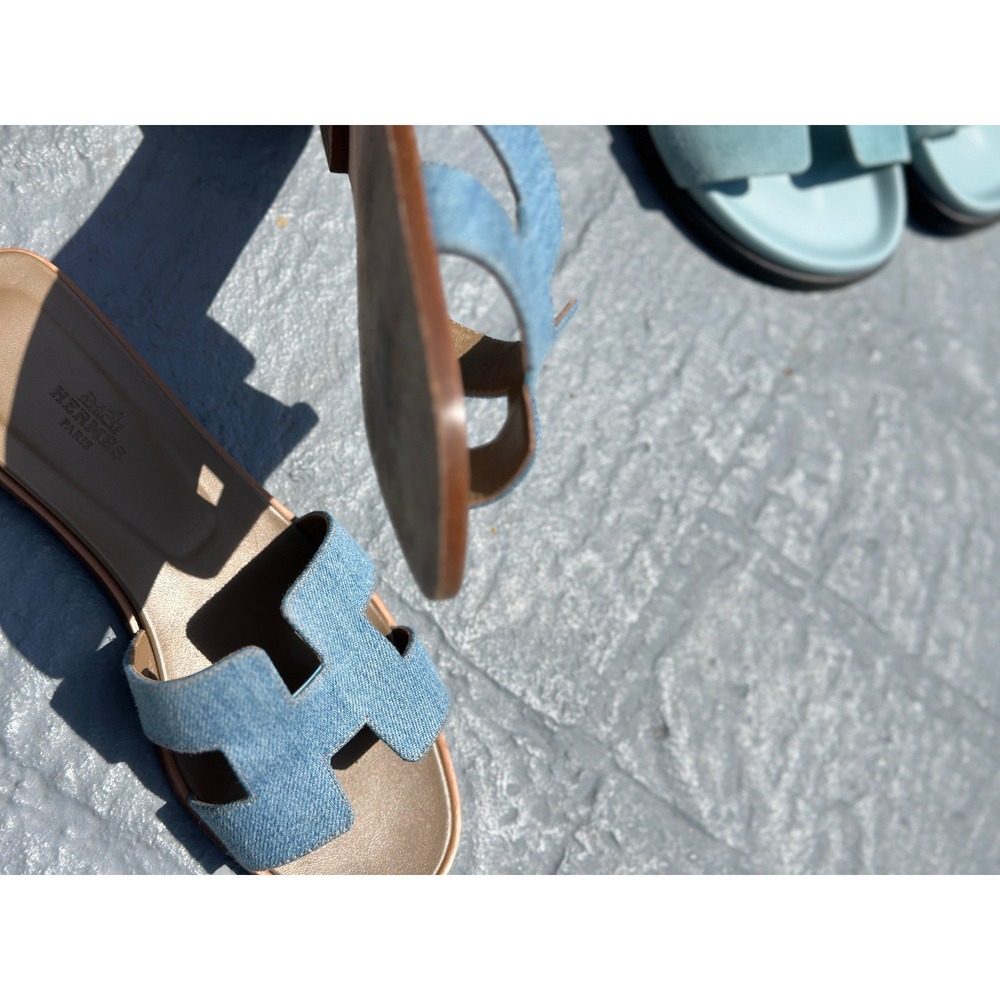 Hermes Oran Denim Sandals Blue denim Slides Size 39 Flat Shoes - Picture 6 of 11